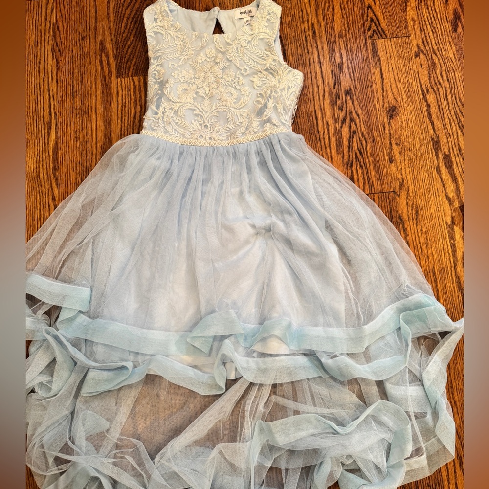 Blue formal dress with embroidered detail